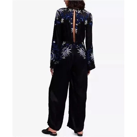 Free People Gypsy Rose Jumpsuit Floral Embroidered Black Size 4 Wide Leg… - Picture 7 of 16